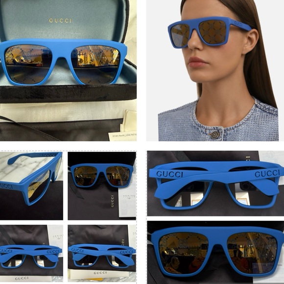 GUCCI MATTE BLUE GREY MIRRORED “GG” MONOGRAM SQUARE SUNGLASSES - Picture 9 of 16